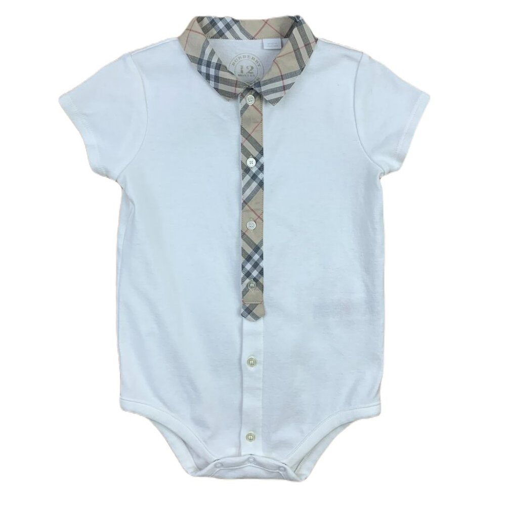 Burberry Infant White Short Sleeve With Check Trim Bodysuit Size 12 Month